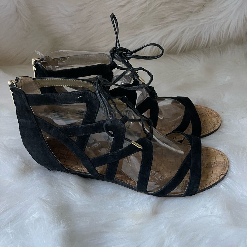 Sam Edelman leather suede lace up straps wedge sandals back zipper size 9.5